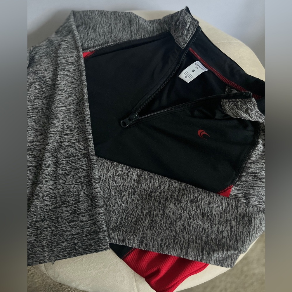 Carter’s long sleeve quarter zip long sleeve pullover in red, black, and gray